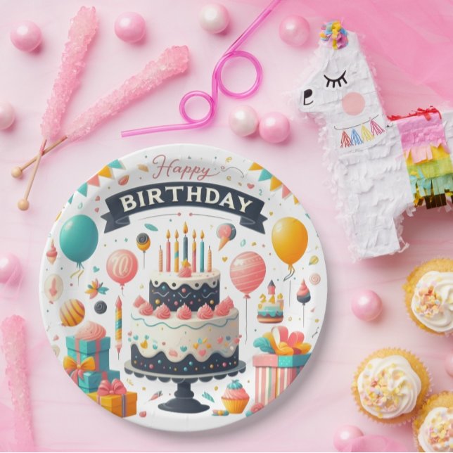 Cheerful Birthday Celebration Cake & Balloons Paper Plates (Creator Uploaded)