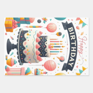 Cheerful Birthday Celebration Cake & Balloons Wrapping Paper Sheets