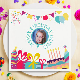 Cheerful Birthday Party Custom Photo Text Napkins