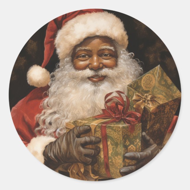 Cheerful Black Santa Claus,Joyful Christmas Wishes Classic Round Sticker (Front)