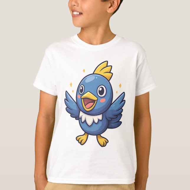 Cheerful Blue Bird Cartoon in Pokémon-Inspired  T-Shirt (Front)