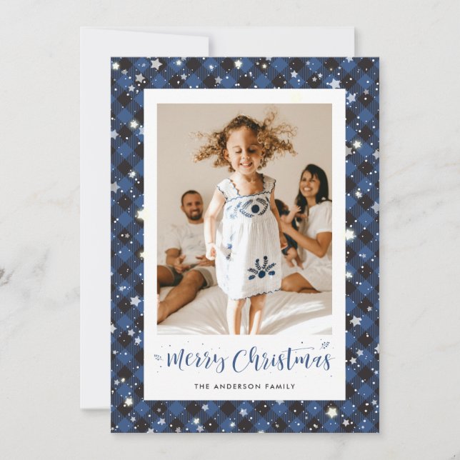Cheerful Blue Buffalo Plaid Photo Merry Christmas Holiday Card (Front)