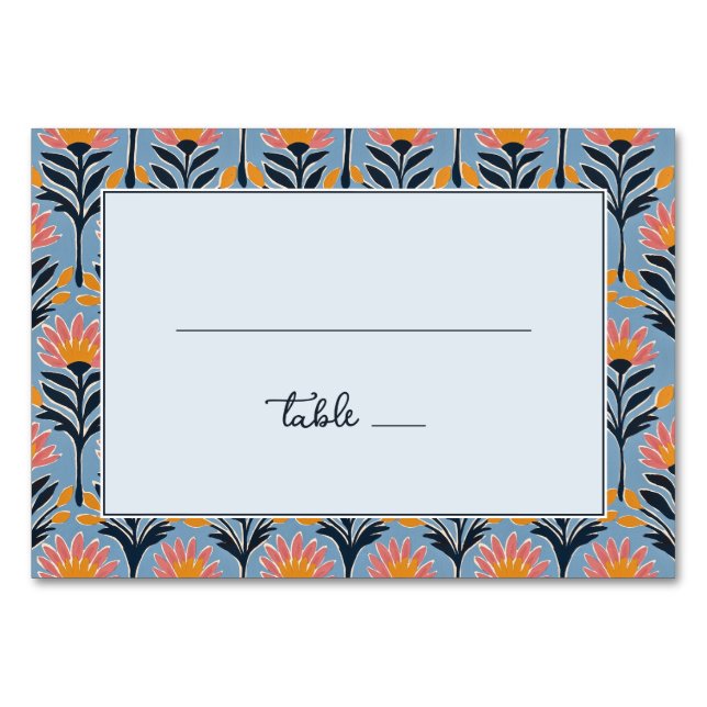 Cheerful Blue Floral Border Table Number (Front)