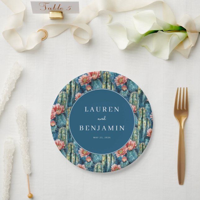 Cheerful Blue Floral Cactus Paper Plates (Wedding)