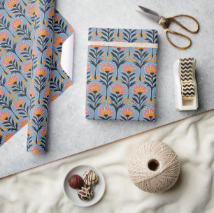 Cheerful Blue Floral Retro Wrapping Paper