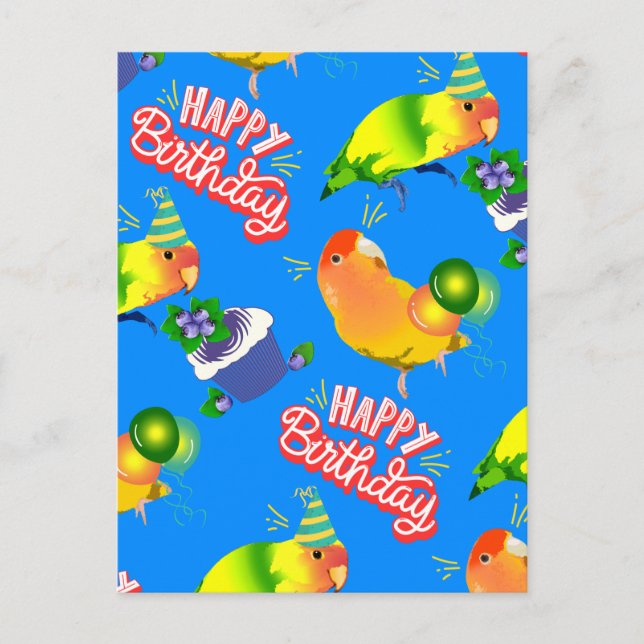 Cheerful Blue Happy Birthday Birds Lovebird Parrot Postcard (Front)