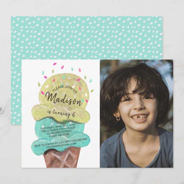 Cheerful blue Ice Cream Birthday Party Photo Invitation (Front/Back)