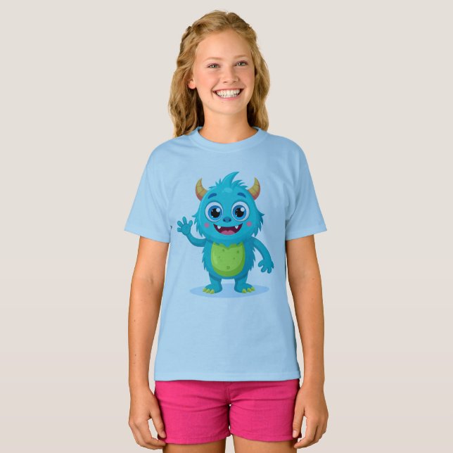 Cheerful Blue Monster Girls' Summer Tee - Vibrant  (Front Full)