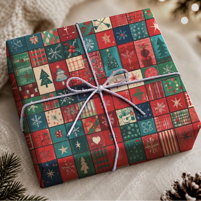 Cheerful Blue Red Patchwork Christmas Gift Wrap (Creator Uploaded)