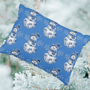 Cheerful Blue White Happy Snowman Accent Pillow
