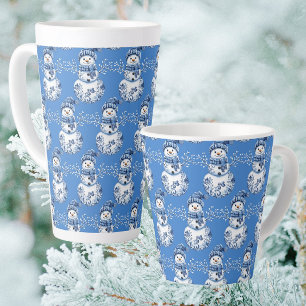 Cheerful Blue White Happy Snowman Latte Mug