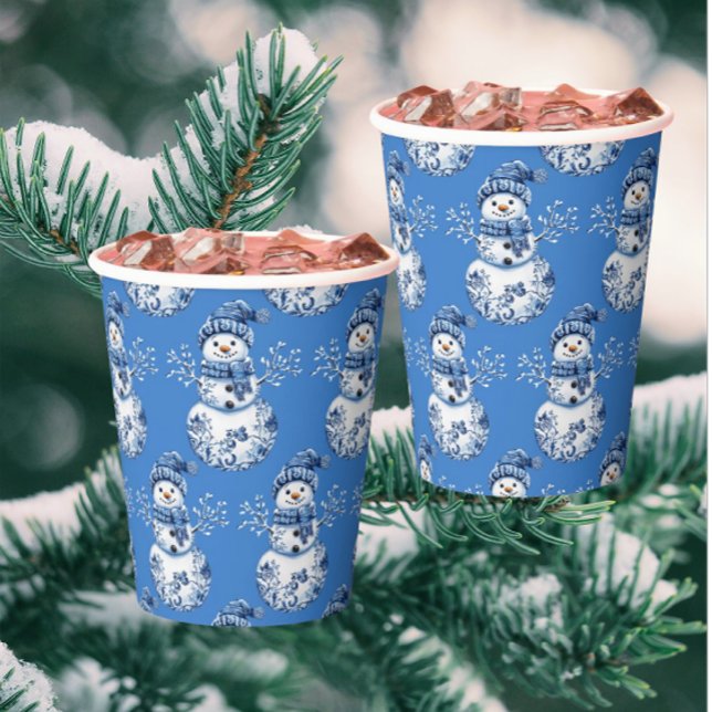 Cheerful Blue White Happy Snowman  Paper Cups (Jolly snowmen for Yule time party drinks!)