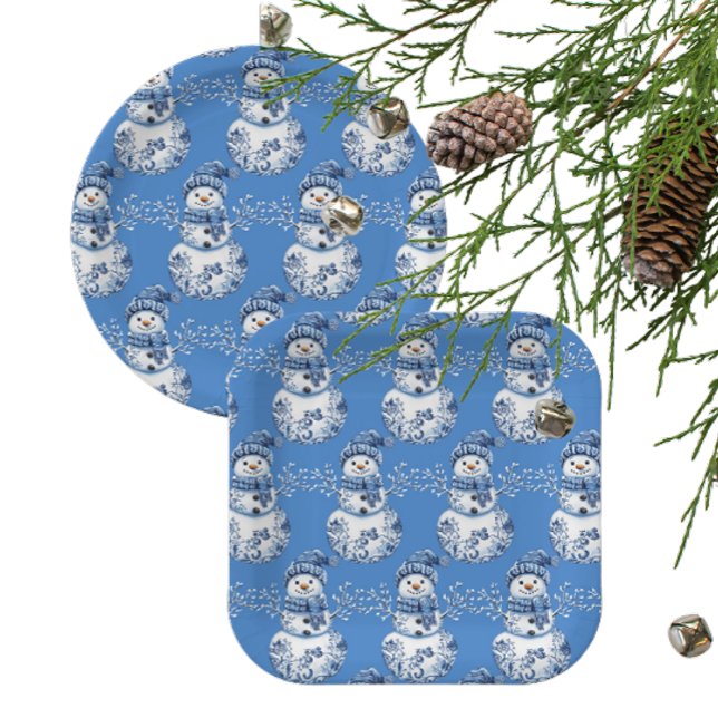 Cheerful Blue White Happy Snowman  Paper Plates (Jolly snowman paper party plates!)