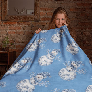 Cheerful Blue White Happy Snowman Sherpa Blanket