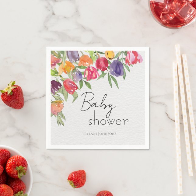 Cheerful Bouquet Tulips & Greenery Baby Shower Napkins (Insitu)