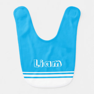 Cheerful Bright Blue with White Stripes Boys Name Baby Bib