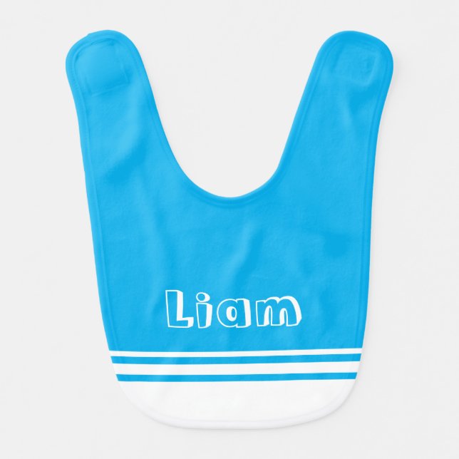 Cheerful Bright Blue with White Stripes Boys Name  Baby Bib (Front)