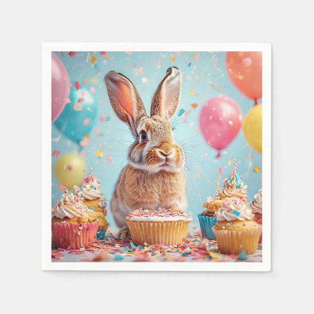 Cheerful Bunny Celebrating with Cupcakes Napkins (Front)