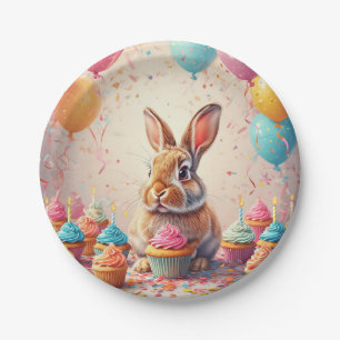 Cheerful Bunny Celebrating with Cupcakes Paper Plates