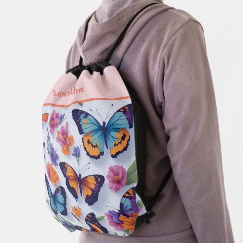 Cheerful Butterfly and Floral Delight Drawstring Bag