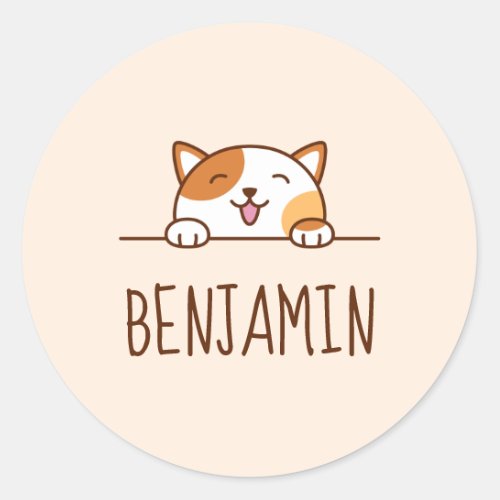 Cheerful Calico Cat Peeking above Custom Name Classic Round Sticker