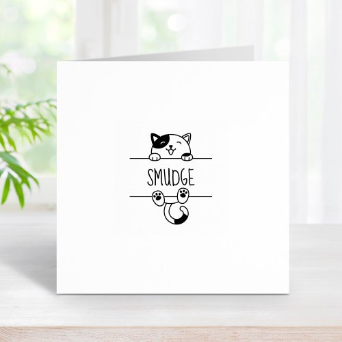 Cheerful Calico Cat Peeking Custom Name 1x1 Rubber Stamp