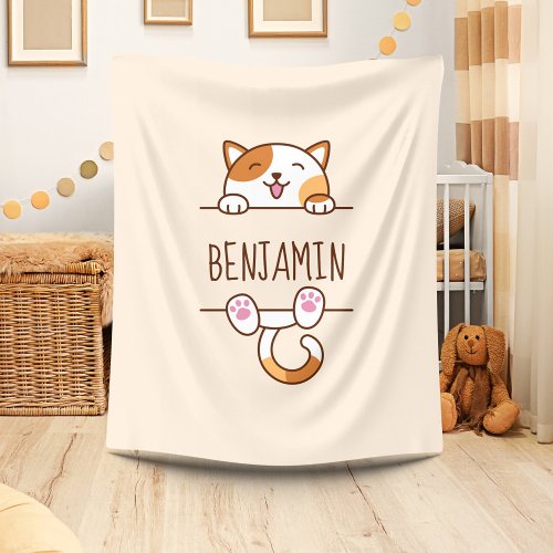 Cheerful Calico Cat Peeking Custom Name Beige Fleece Blanket