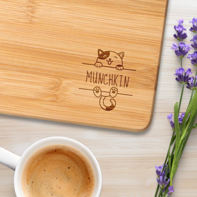 Cheerful Calico Cat Peeking Custom Name Engraved Cutting Board (Creator Uploaded)