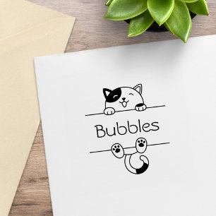 Cheerful Calico Cat Peeking Custom Name Rubber Stamp