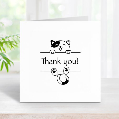 Cheerful Calico Cat Peeking Thank You Rubber Stamp