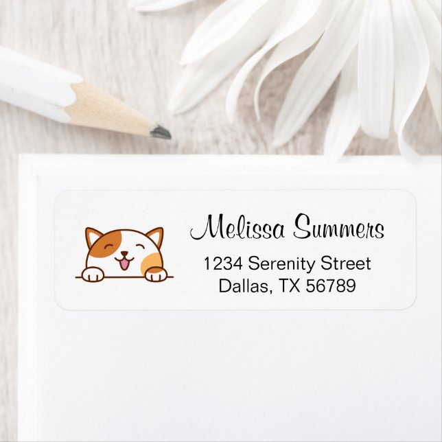 Cheerful Calico Cat Pet Return Address Label (Insitu)