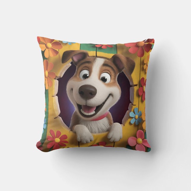 Cheerful Canine Companion Amid Vibrant Floral  Throw Pillow (Front)