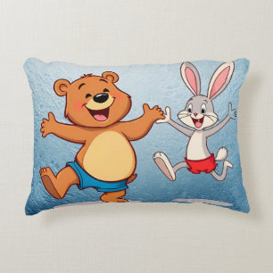 Cheerful Cartoon Bear and Bunny Dancing Joyfully Accent Pillow