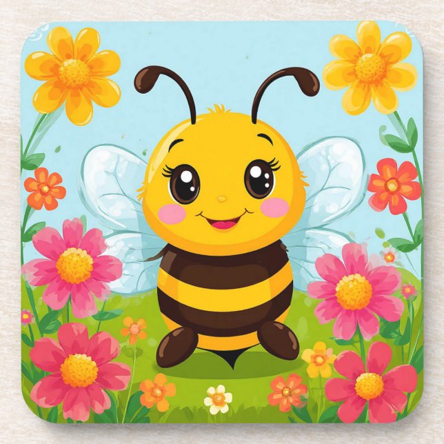 Cheerful Cartoon Bee Surrounded by Bright Flowers Beverage Coaster (Front)