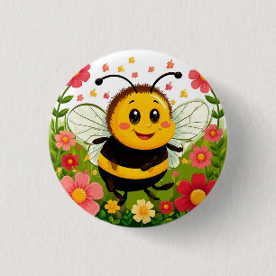 Cheerful Cartoon Bee Surrounded by Bright Flowers Button