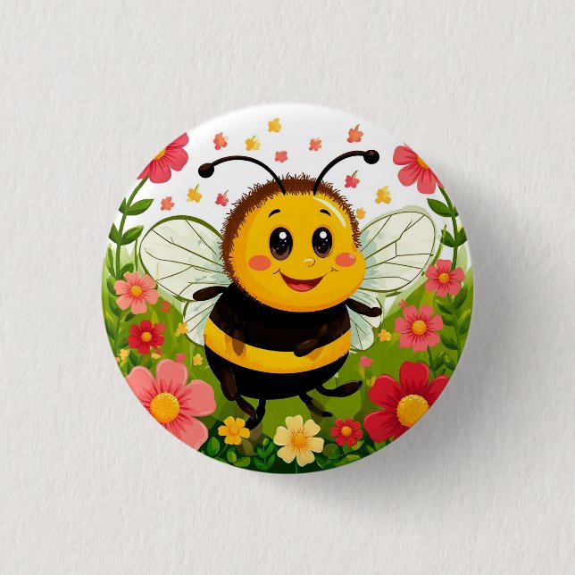 Cheerful Cartoon Bee Surrounded by Bright Flowers Button (Front)