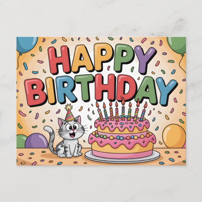 Cheerful Cartoon Cat Happy Birthday Illustration Postcard (Front)