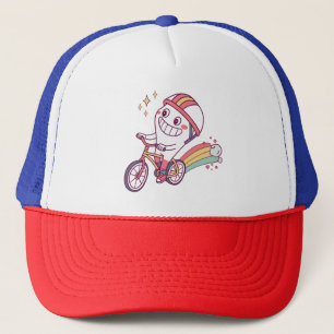 Cheerful Cartoon Character on Bicycle with Rainbow Trucker Hat