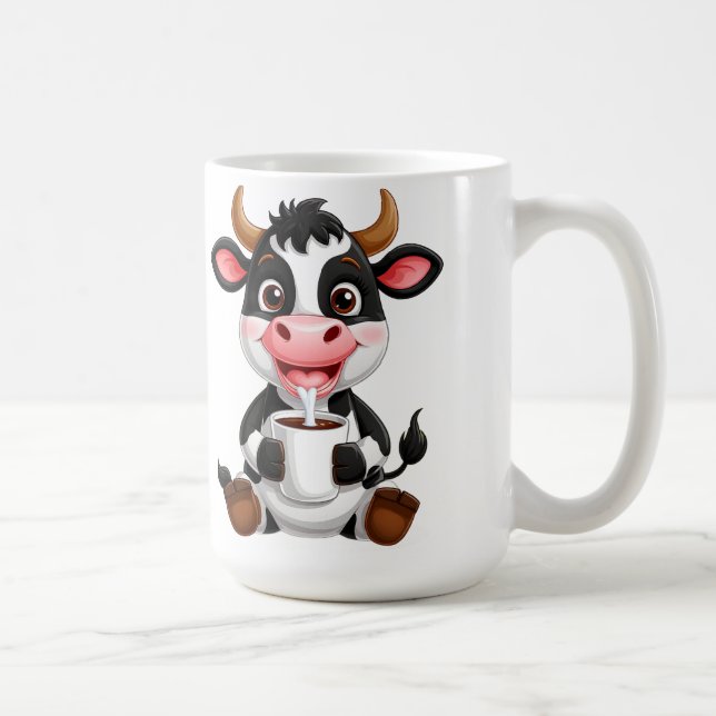 Cheerful Cartoon Cow Drinking Milk Coffee Mug (Right)