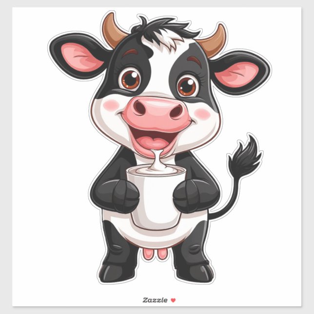 Cheerful Cartoon Cow Drinking Milk Sticker (Sheet)