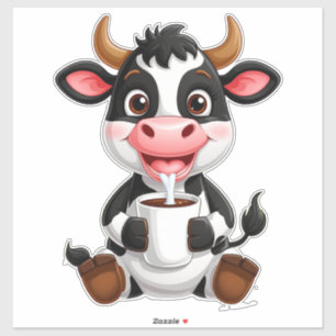 Cheerful Cartoon Cow Drinking Milk Sticker