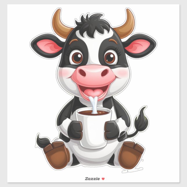 Cheerful Cartoon Cow Drinking Milk Sticker (Sheet)