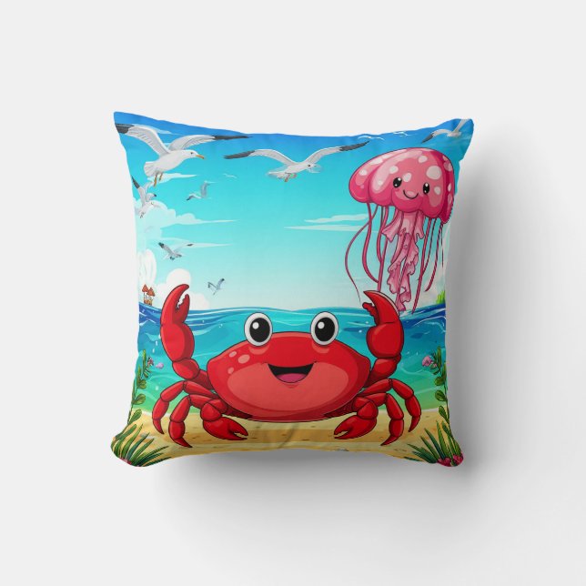 Cheerful Cartoon Crab on a Vibrant Beach Throw Pillow (Front)