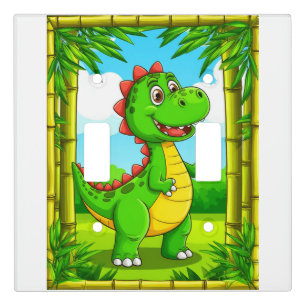 Cheerful Cartoon Dinosaur in Bamboo Frame Light Switch Cover