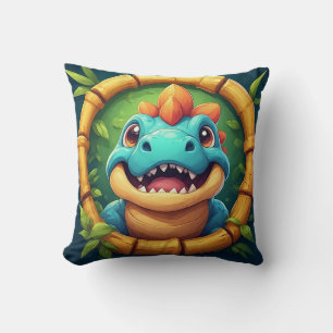 Cheerful Cartoon Dinosaur in Bamboo Frame Throw Pillow