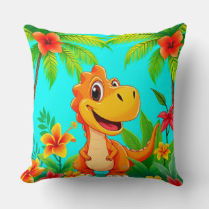 Cheerful Cartoon Dinosaur in Tropical Jungle Throw Pillow