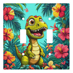 Cheerful Cartoon Dinosaur With Tropical Flowers Light Switch Cover