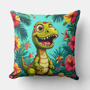Cheerful Cartoon Dinosaur With Tropical Flowers Throw Pillow