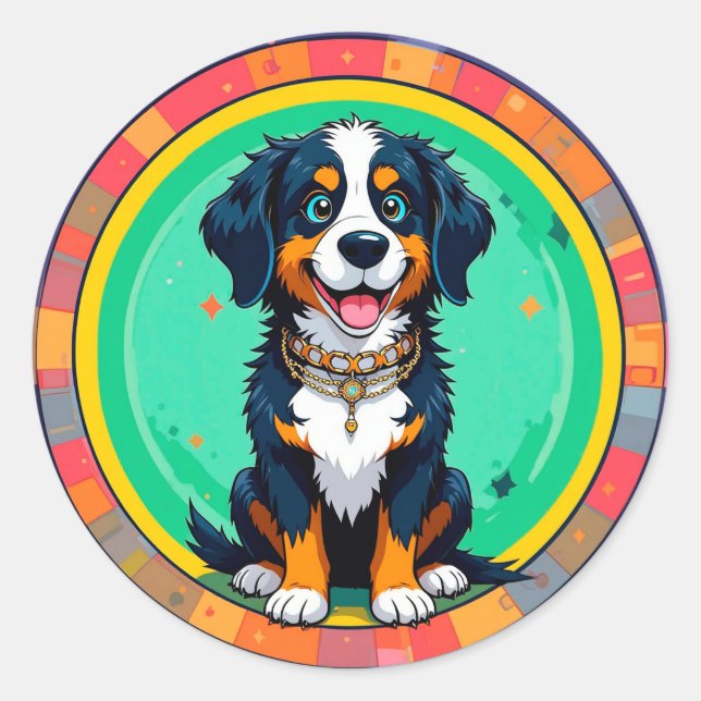 Cheerful Cartoon Dog Classic Round Sticker (Front)