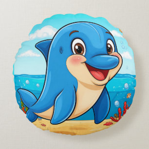 Cheerful Cartoon Dolphin in an Underwater Round Pillow